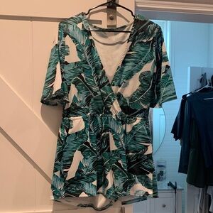 Tropical Leaf Print V-Neck Romper - Teal & White